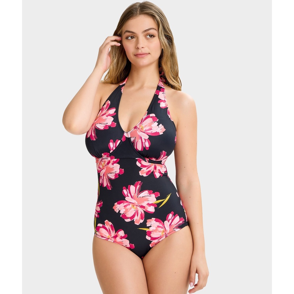 BARE Size 36H Slimming Underwire Halter One-Piece Swimsuit Black Ground Floral